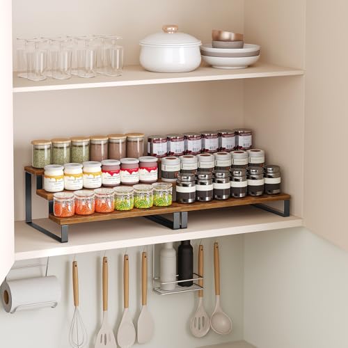 YATINEY Spice Rack, 3 Tier Wooden Display Riser Stand, Kitchen Storage Organizer for Spices, Versatile Display Shelf, Space Saving, for Kitchen Countertop and Cabinet, Rustic Brown SR03L2BR - color: Rustic Brown + Black, size: 13.8" x 6.3"