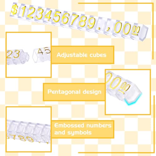 Vicenpal 100 Sets Price Display Cube Number Letter Price Tag Cube Blocks Adjustable Counter Stand Label for Retail, Jewelry, and Shop Pricing (Transparent and Gold) - color: Transparent and Gold