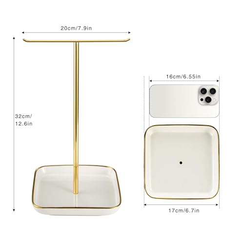 Jewelry Holder Stand with Ceramic Base: 12" Tall Necklace Organizer Rack, Tree Design Display Storage for Necklaces, Bracelets, Rings, Earrings, Aesthetic Room Décor for Girls and Women, Gold - color: White, size: 6.7" base