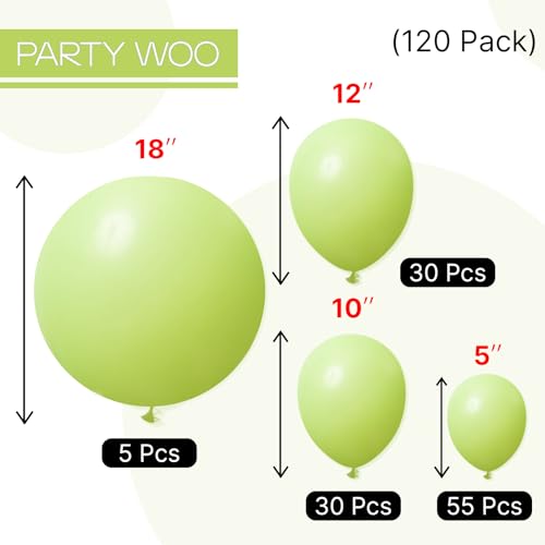 PartyWoo Lime Green Balloons 120pcs Different Sizes of 18 12 10 5 Inch Light Green Latex Balloon Arch Kit Garland for Wedding Birthday Dinosaur Jungle Golf Football Theme Party Decorations Green-Y6 - color: Green-y6