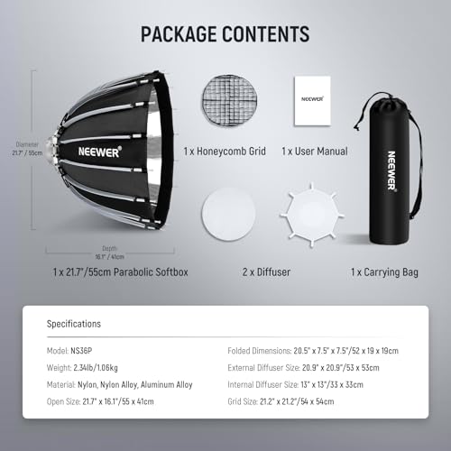 NEEWER Basics Parabolic Softbox Kit, 21.7" Quick Release Bowens Mount Soft Box Light Diffuser Compatible with Godox Compatible with Aputure 600d Studio Photography Video Recording Lighting, NS36P - style: 21.7"/55cm Parabolic