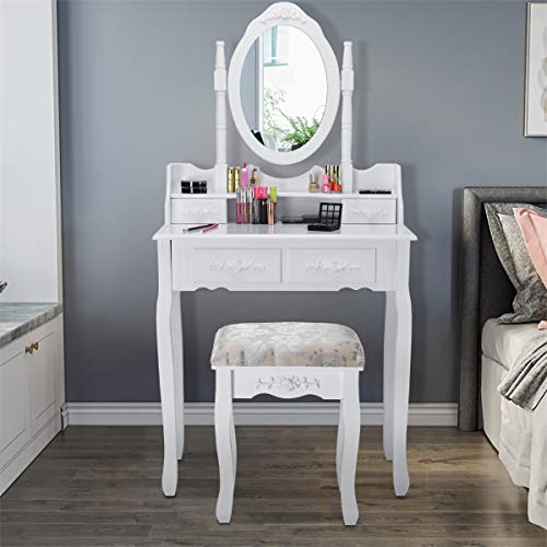 Giantex Vanity Table Set with Oval Mirror and 4 Drawers, Makeup Dressing Table with Cushioned Stool, Wooden Makeup Table for Bedroom Bathroom Girls Women, White - color: White, style: 4 Drawers