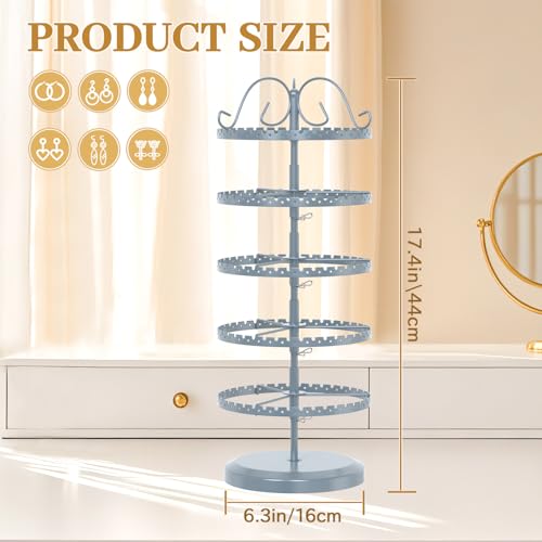 MODOWEY 5 Tier Rotating Earring Holder Organizer Stand, Adjustable Metal Display Tree Rack for Women, 400 Hole and Groove Large Storage for Pierced Stud Dangle Hoop, Compact for Small Dresser, Grey - color: Grey, size: 5-Tier