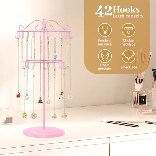 MODOWEY Rotating Necklace Holder Organizer Display Stand with 42 Hooks, 2 Tier Adjustable Metal Tree for Long Necklace Hanger Selling, Tall Spinning Bracelet Storage Rack for Men Women, Pink - color: Pink, size: 2 Tier