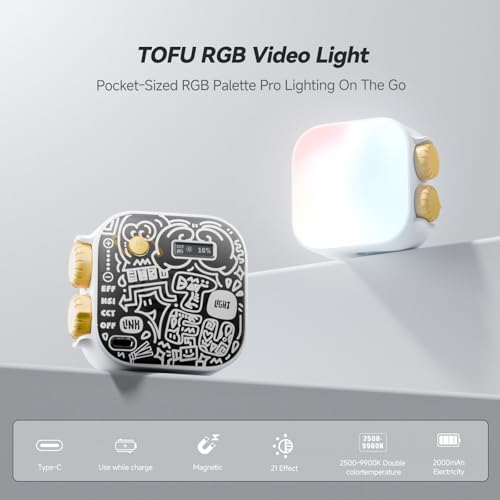 PHOTOOLEX Tofu Light, Magnetic RGB Video Camera Light, Portable Mini Panel Photography Lighting w Clip & Mini Tripod & Cold Shoe Mount, CRI 96+/2500-9900K/21 Scenes, for Selfie Video Conference Vlog