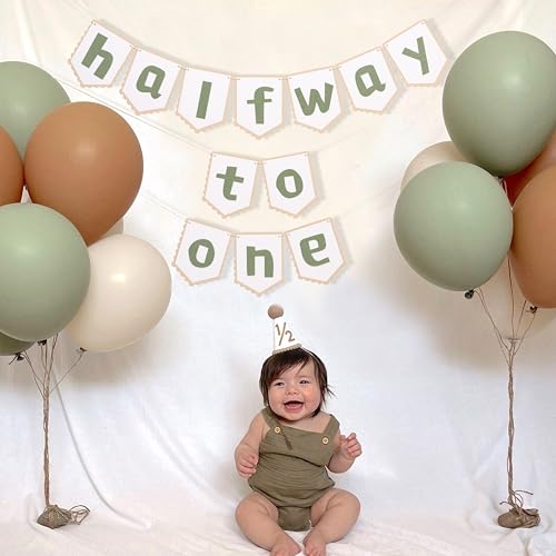 Half Way to One Banner - Neutral Rustic Baby 6 Months Birthday Decor, 1/2 Birthday Party Backdrop for Boys Girls, Cake Smash Photo Props, Baby Shower Decorations (Green) - color: Green