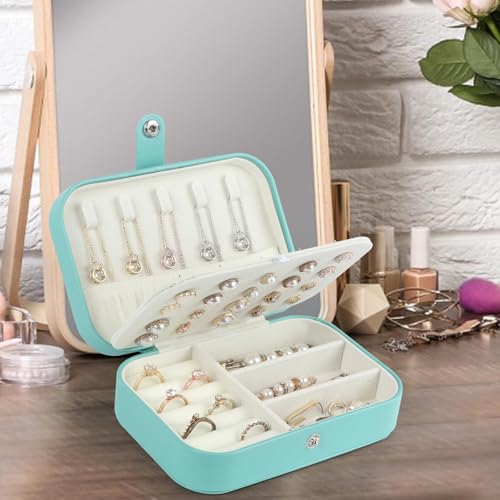 Hatori Travel Jewelry Box, PU Leather Small Jewelry Organizer for Women Girls, Portable Mini Travel Case Display Storage Holder Boxes for Stud Earrings, Rings, Necklaces, Bracelets (Turquoise) - color: Turquoise