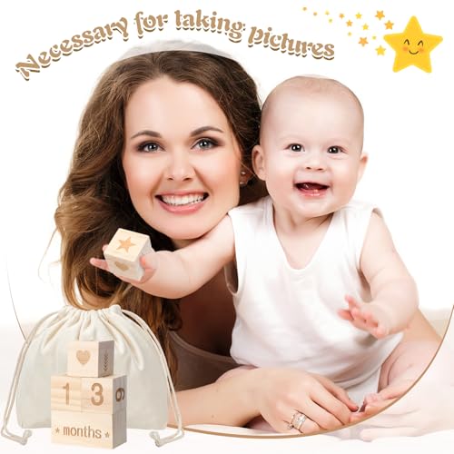 Wonderjune Boho Baby Monthly Milestone Blocks Set of 4 Wooden Baby Age Milestone Signs with Drawstring Bag Months Weeks Years Days Blocks for Newborn Photo Props Keepsake