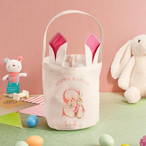VEELU Personalized Easter Bunny Basket Custom Name Rabbit Bag for Boys & Girls Customized Storage Bucket Egg Hunting Bags for Party Tote Decorative Birthday Party Gifts