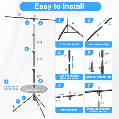 EMART T Shape Backdrop Stand 8.5x5ft, Adjustable Green Screen Photo Banner Holder with Water Bag and 4 Clamps Photography Background Support Kit for Parties, Photoshoot, Balloon