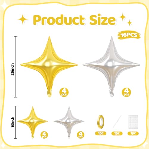 Gold Silver Star Balloons, 16 PCS Silver Four Angle Star Foil Balloons, 26 Inch and 10 Inch Gold Stars Shaped Balloon for Graduation Birthday Baby Shower Anniversary Retirement Party Decorations - color: Gold Silver