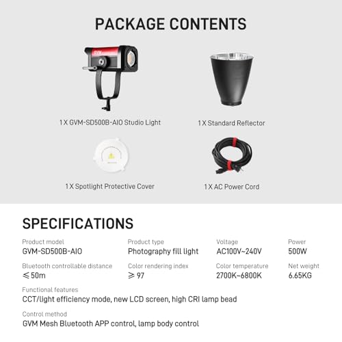 GVM 500W LED Video Light with APP Bluetooth Control, 2700K-6800K CCT, 227040lux@1m, Studio Photography Lighting with Bowen Mount, Continuous Output Lighting with Standard Cover, CRI 97+,COB Lamp Beads - size: 500W
