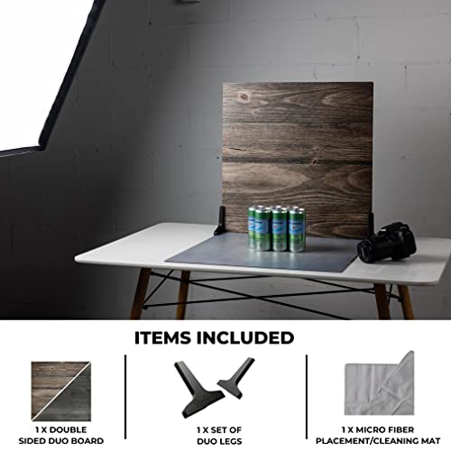 V-FLAT WORLD Duo Board Product Photography Backdrops - 2-Sided Background for Photograph, Realistic Item & Food Photography Background - Includes 2 Legs & Mat - 24" x 24", Vintage Oak/Ink Hardwood - color: Vintage Oak/Ink Hardwood, size: 24 x 24 inches