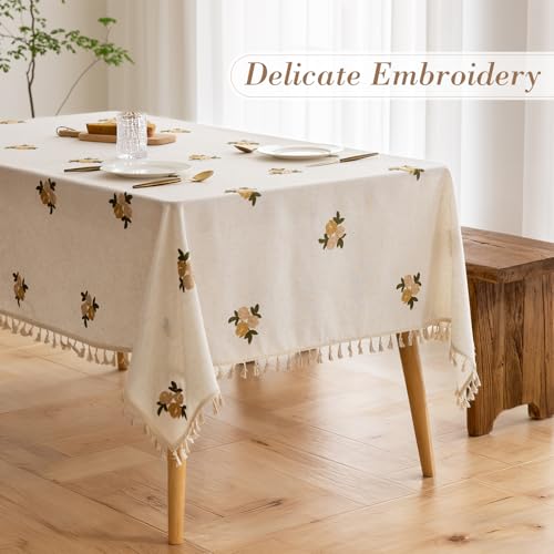 Cream Linen Tablecloth Rectangle 60 x 90 Inch Floral Pattern Embroidered Table Cloth with Tassel Heavy Duty Neutral Vintage Farmhouse Thick Faux Burlap Textured Table Covers for Dining Party Holiday - color: Olive Green Embroidered Floral Pattern, size: 9