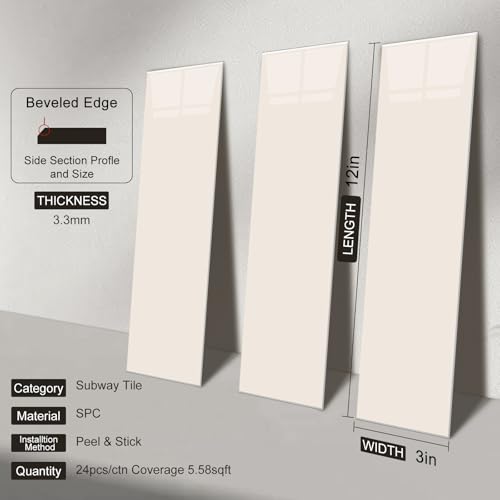 24-Pieces Peel and Stick Tiles for Kitchen Backsplash, New Upgrade Design 12" x 3"SPC Subway Backsplash Tiles, Cream Beige Premium Finger Tiles (White). - color: White, size: 10 Sheet