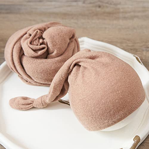 Zeroest Newborn Photography Wraps with Hat Baby Photo Outfit Girl Stretch Blanket Infant Boy Props for Baby Photo Shoot - color: Tan