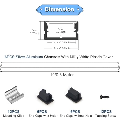 VST 6Pack 1ft Black LED Aluminum Channel with Black Smoky Transparent Cover U Shape 15x8mm, Led Strip Light Track with End Caps and Mounting Clips Accessories, for Led Strip Lights - color: Black & Black, size: 1ft 6