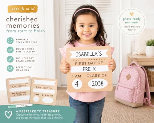 Kate & Milo First & Last Day Board, Dry Erase, Reversible Dry Erase Board, Photo Prop for Kids, Kindergarten Through High School, K-12, Reusable and Erasable - style: Dry Erase School Days Board