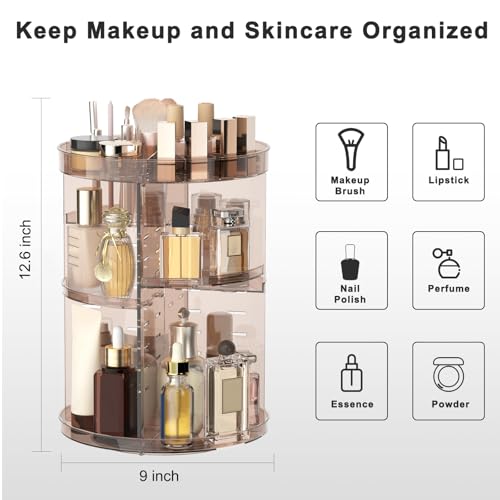 360 Rotating Makeup Organizer with Lipstick Slots, DIY 8 Adjustable Height Spinning Skincare Organizers, Brush and Perfume Storage Carousel, Cosmetic Display Case for Vanity Bathroom Countertop - color: Slot Top Coffee