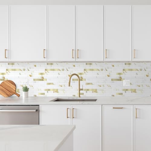 10 - Sheet Peel and Stick Backsplash Wall Tile, PVC Kitchen Backsplash, Stick on Tiles for Backsplash Kitchen (12'' X 12'', White with Gold) - color: White With Gold