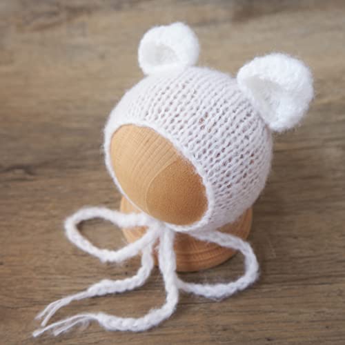 Zeroest Newborn Boy Photoshoot Outfits and Props Bear Bonnet with Footed Romper Infant Baby Photography Crochet Knitted Set - color: White