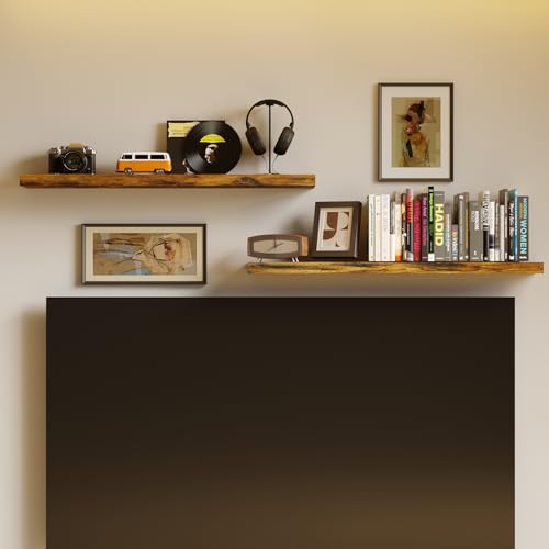 BAMEOS Floating Shelves,40 in W x 7in D Wall Mounted Wooden Shelves with Invisible Brackets Set of 2, Hanging Wall Shelves Decoration for Bedroom, Bathroom, Living Room and Kitchen,Rustic Brown - color: Rustic Brown, size: 40x7 2Pcs