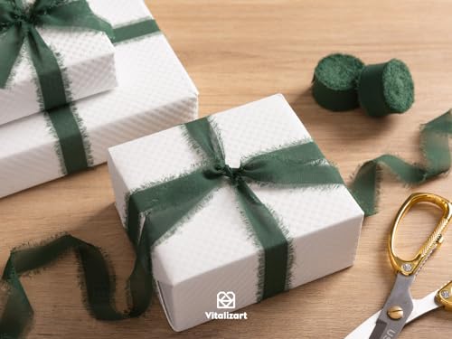 Vitalizart Dark Green Chiffon Silk Ribbon 1" x 21 Yd Fringe Fabric Package (3 Rolls * 7 Yd) for Wedding Invitations Bridal Bouquets Decorations Gifts Wrapping & Bow Making - color: dark green