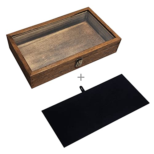 MOOCA Glass Top Wooden Jewelry Display Case with Removable Black Luxurious Velvet Jewelry Display Pad, Deeper 2.75-Inch Design for Taller Collectibles, Brown Color - color: 9A) Brown, 2.75 Inch High