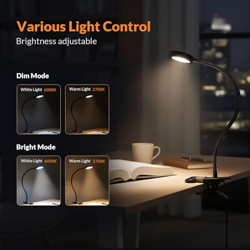 LEPOWER Clip on Light/Reading Lights/Book Light/Desk Lamp Color Changeable/Night Lights Clip on for Desk, Bed Headboard and Computers, Adapter Included (Black) - color: Black