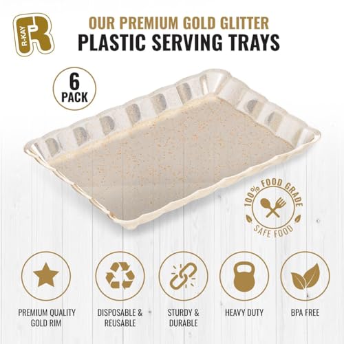 6 Pack Gold Glitter Plastic Serving Trays for Party, 9 x 13 Inch - Heavy Duty Plastic Gold Trays for Food - Rectangular Party Serving Platters - color: Gold Glitter