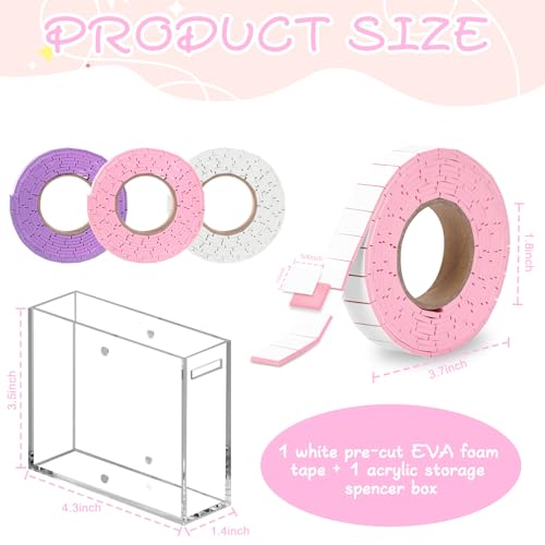 Double Sided Foam Tape Pre Cut 3/4 X 1/2 Inch EVA Foam Adhesive Squares Roll with Acrylic Storage Box 3D Foam Squares for Crafts Arts Sewing DIY Office Supplies (Tape+Box, Pink) - color: Pink, style: Tape+Box