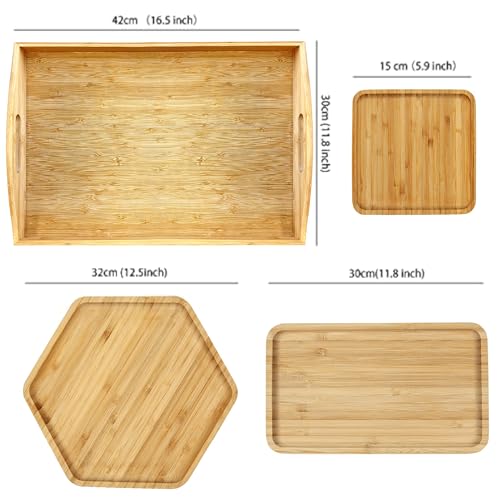Bamboo Serving Trays 16.5"x11.8"(42x30cm with Handle, Set Includes 0.63"(1.6cm) Thick Dinner Plates Hexagon 12.5"(32cm)+Rectangle 9.8"(25cm)*5.9"(15cm)+Square 5.9"(15cm) - color: 0.63"(1.6cm) Thick 1xhexagon 12.5"(32cm)+1xrectangle 9.8"(25cm)*5.9"(15cm)+1