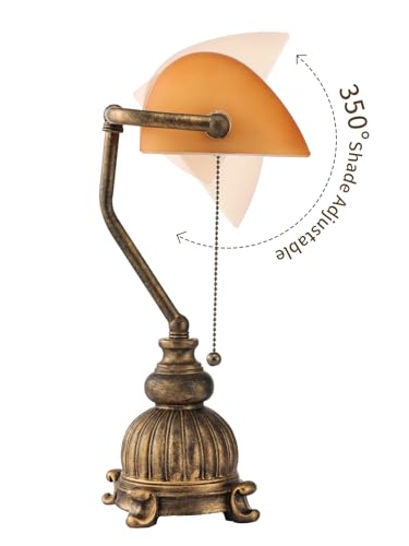 Retro Amber Glass Bankers Desk Lamp with Pull Chain Switch for Home Office, Library, Plug in Fixture, LED Bulb Included - color: Antique+Amber1