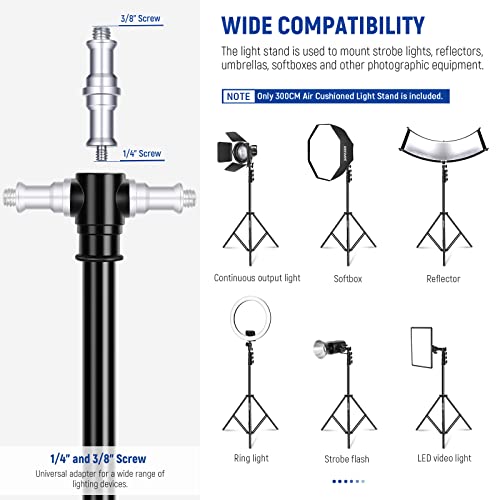 NEEWER 9.8ft/3m Air Cushioned Light Stand, Heavy Duty Metal Photography Tripod Stand with 1/4" to 3/8" Reversible Spigot, 3 Way Mounting Interface & Metal Locking Knobs, Max Load 5.5lb/2.5kg - size: 300cm w/Air Cushioned