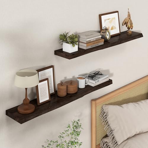 Axeman 40 inch Floating Shelves for Wall - 8'' D Live Edge Rustic Solid Elm Wood Floating Shelves Wall Mounted, Wall Shelves with Invisible Bracket for Living Room Bedroom Kitchen, Set of 1 Walnut - color: Walnut With Live Edge, size: 40 inches - 1P