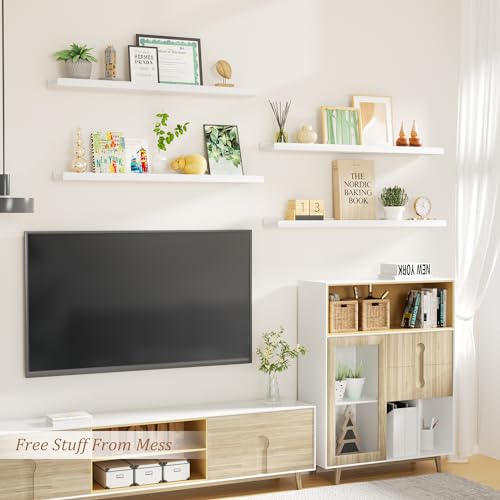 Love-KANKEI White Floating Shelves for Wall Set of 4,36 Inch Wall Shelves with Lip,Rustic Wood Hanging Shelves for Bedroom Bathroom Living Room Kitchen Nursery Display - color: White, size: 36 inch