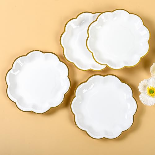 AimFun White Golden Party Plates Gold Foil Dessert Paper Plate 7inch Scalloped Edge Disposable Cake Plates for Tea Party Birthday Bridal Baby Shower Wedding Party Supplies (48, White) - color: White