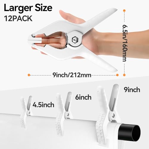 EMART 12 Pack Heavy Duty Spring Clamps 9 Inch Plastic Large Professional Backdrop Clips Clamps for Backdrop Stand, Photography Studio, Balloon arch, Photoshoot, Woodworking, Crafts, Pool Cover-White - color: White, size: 9inch