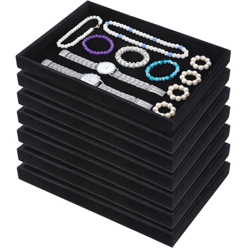 6 Pcs Velvet Stackable Jewelry Tray, Jewelry Organizer and Display for Bracelets Rings Earrings Necklaces, for Drawer and Countertop Showcase, Black