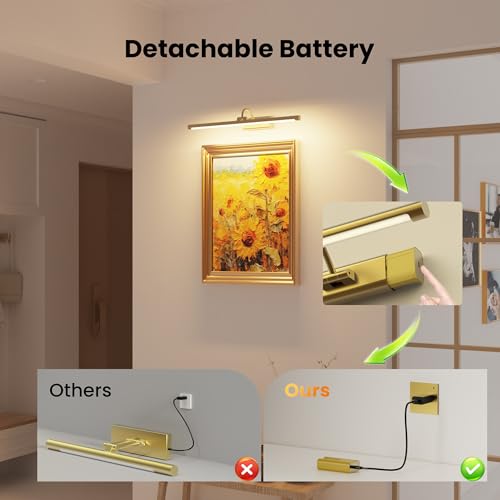 24" Picture Frame Light with 1pcs Extra 8000mAh Battery - Brass Cordless Rechargeable Wall Sconce with Remote for Office, Hallway & Large Art - color: Brass, size: 24 Inch (1 Extra Battery)