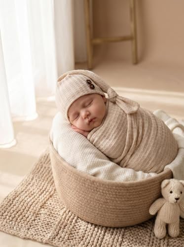 Newborn Photography Props Swaddle Wraps with Hats for Baby Boys Girls Photo Props Shoot Newborn Waffle Texture Knit Blanket (Skin Color) - color: Skin Color