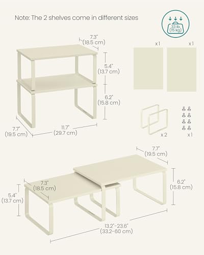 SONGMICS Cabinet Organizer Shelf, Set of 2 Kitchen Counter Shelves, Kitchen Storage, Spice Rack, Stackable, Expandable, Metal and Engineered Wood, Cream White UKCS002W02 - color: Cream White, size: 11.7"W
