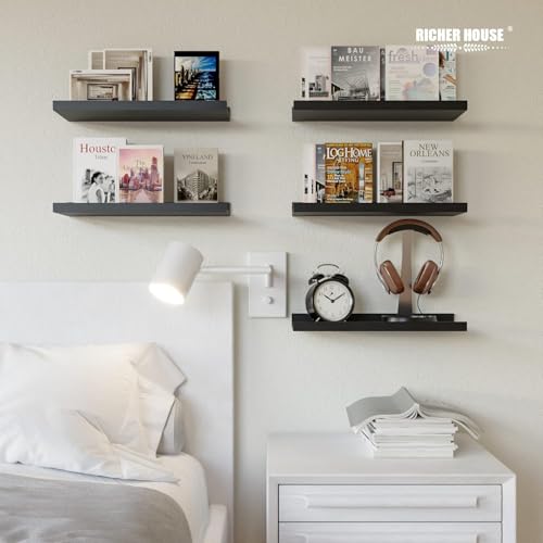 RICHER HOUSE 5 Set Floating Wall Mounted Shelves, Black Shelves for Wall Decor, Modern Picture Ledge Shelf with Lip for Storage, Nursery, Bedroom, Living Room, Bathroom - Black (Pack of 2) - color: Black, size: 5pcs*15.75in (Pack of 2)