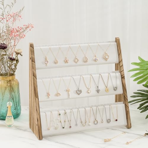 Necklace Holder, 3 Tier Necklace Organizer Stand with White Velvet, Wood Necklace Display Stands for Selling, Jewelry Display Stand for 72 Necklaces Bracelets (Brown) - color: White and Brown, size: 1 Pack