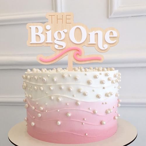The Big One Wooden & Acrylic Cake Topper - Wave Theme 1st Birthday Party Decor, Summer Beach Photo Props, First Birthday Cake Decorations, Big Wave Wooden Cake Topper for Birthdays (Pink) - color: Pink