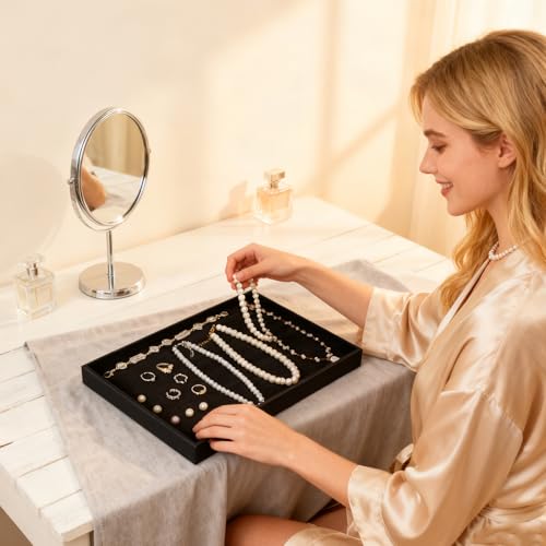 10 Pcs Velvet Stackable Jewelry Tray Showcase Display Jewelry Organizer Tray for Drawers Countertop, Empty Plate for Necklace, Ring, Bracelet Organizing, and Earring Storage Display (Black)
