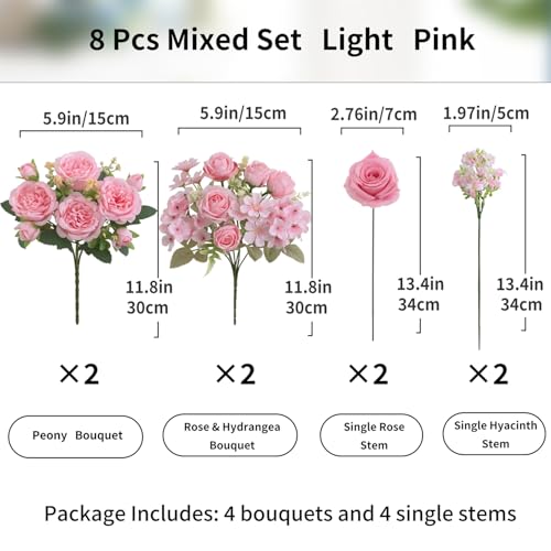 8 Pcs Mixed Artificial Peony Flowers Set-4 Bouquets & 4 Stems, Pink Fake Peony Rose Hydrangea Flowers for Vase Silk Floral Arrangements for Table Centerpiece Wedding Party Bridal Decoration Home Decor - color: Light Pink, size: Mixed 8pcs
