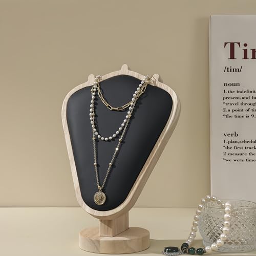 Natural Body Wood Necklace Display Stand with Black Leather Soft Mat Necklace Holder Organizer Desktop Stand for Home Store Dresser-3.3"x5.8"x8.4" - color: Natural-Black, size: 3.3"x5.8"x8.4"