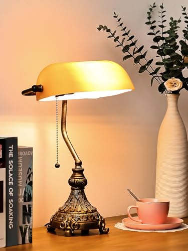 Vintage Amber Glass Bankers Desk Lamp for Home Office,Library with Pull Chain Switch Plug in Fixture, LED Bulb Included - color: Antique+Amber