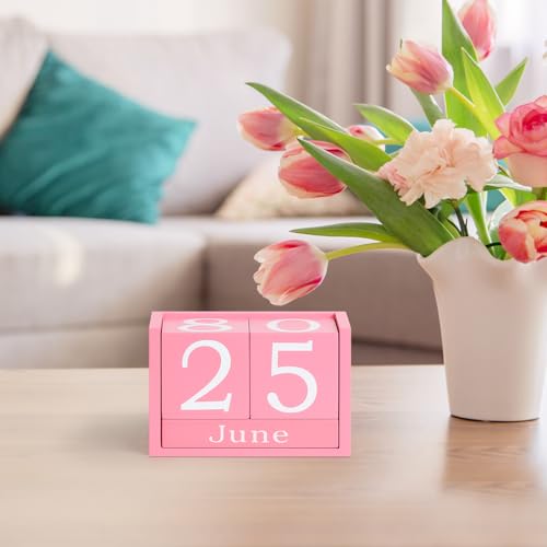 Wooden Block Calendar for Desk, Large Size Daily Desktop Perpetual Desk Calendar, Cute Date Display Desk Accessories for Home Office Decor, Teacher, Classroom, Reusable Yearly, Pink - color: Pink, size: Large Size